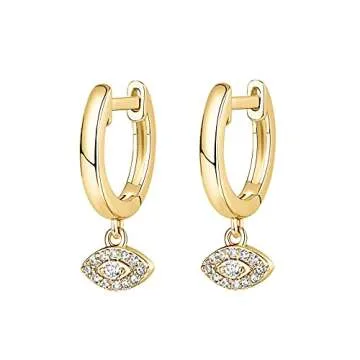 PAVOI 14K Yellow Gold Plated 925 Sterling Silver Post Huggie With Dangle | Small Gold Hinged Hoop Earrings For Women | Trendy Evil Eye Dangle Hoop Earrings | CZ Huggie Earrings
