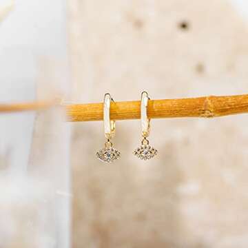 PAVOI 14K Yellow Gold Plated 925 Sterling Silver Post Huggie With Dangle | Small Gold Hinged Hoop Earrings For Women | Trendy Evil Eye Dangle Hoop Earrings | CZ Huggie Earrings