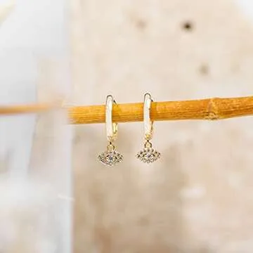 PAVOI 14K Yellow Gold Plated 925 Sterling Silver Post Huggie With Dangle | Small Gold Hinged Hoop Earrings For Women | Trendy Evil Eye Dangle Hoop Earrings | CZ Huggie Earrings