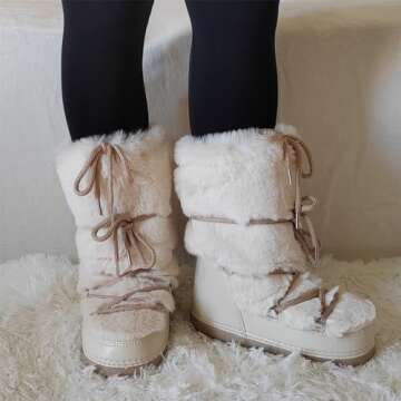 ZHENAIYISHENG Faux Fur Boots for Women - Fuzzy Fluffy Furry Water Resistant Snow Boots for Women - Anti-Slip with Cotton Sponge Lined and TPR Rubber Sole Black White Fur Boots beige 8 9