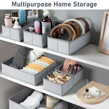 DIMJ 6 Pack Drawer Organizer for Clothes, Sock Bra Underwear Drawer Organizer, Foldable Fabric Drawer Organizer Bins, Dresser Drawer Dividers for Clothing Scarves Belt Tie, Grey