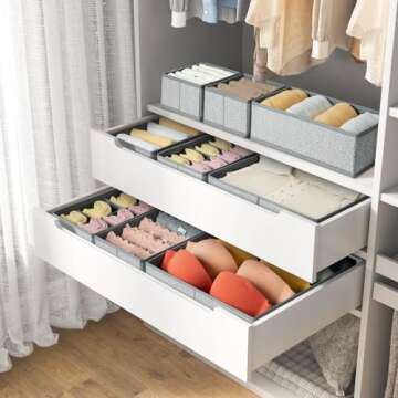 DIMJ 6 Pack Drawer Organizer for Clothes, Sock Bra Underwear Drawer Organizer, Foldable Fabric Drawer Organizer Bins, Dresser Drawer Dividers for Clothing Scarves Belt Tie, Grey