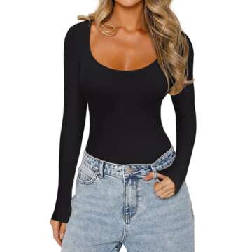 REORIA Womens Basic Sexy Scoop Neck Long Sleeve Leotards Fashion Fall Outfits Double Lined Layering ...