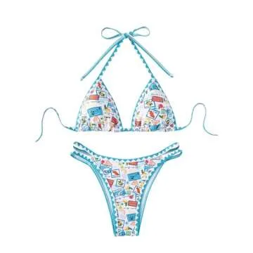 Verdusa Women's Halter High Cut Bikini Set Two Pieces Bathing Suit Blue White X-Large