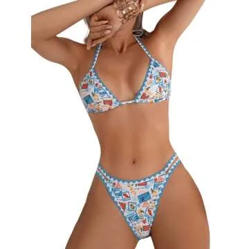 Verdusa Women's Halter High Cut Bikini Set Two Pieces Bathing Suit Blue White X-Large