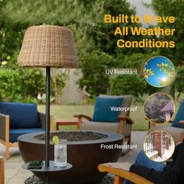 B&R Lighting Solar Outdoor Floor Lamp with Table - Cordless Outdoor Floor Lamp - Patio, Porch, Garden - Rattan Wicker Lights for Outside - Waterproof, Rechargeable, Weatherproof