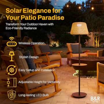 B&R Lighting Solar Outdoor Floor Lamp with Table - Cordless Outdoor Floor Lamp - Patio, Porch, Garden - Rattan Wicker Lights for Outside - Waterproof, Rechargeable, Weatherproof