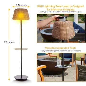 B&R Lighting Solar Outdoor Floor Lamp with Table - Cordless Outdoor Floor Lamp - Patio, Porch, Garden - Rattan Wicker Lights for Outside - Waterproof, Rechargeable, Weatherproof