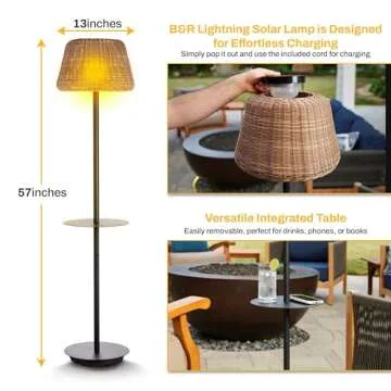 B&R Lighting Solar Outdoor Floor Lamp with Table - Cordless Outdoor Floor Lamp - Patio, Porch, Garden - Rattan Wicker Lights for Outside - Waterproof, Rechargeable, Weatherproof