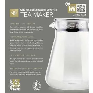 Teabloom One-Touch Tea Maker, 2-in-1 Teapot and Kettle with Stainless Steel Filter Lid for Loose Tea – Stain-free Borosilicate Glass Teapot (27 Oz) – Tea Connoisseur's Choice
