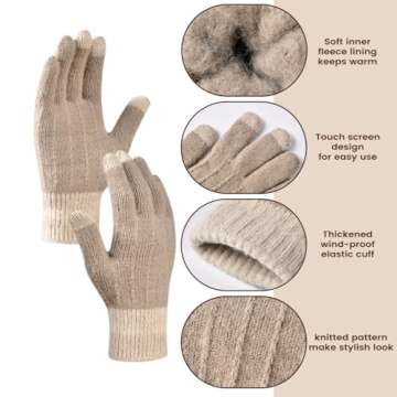 Women Winter Hat Beanie+Long Scarf+Touch Screen Gloves Set, Warm Clothes Set with Knit Fleece Lined for Women/Men Winter Beige