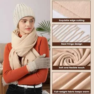 Women Winter Hat Beanie+Long Scarf+Touch Screen Gloves Set, Warm Clothes Set with Knit Fleece Lined for Women/Men Winter Beige