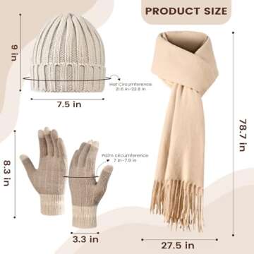Women Winter Hat Beanie+Long Scarf+Touch Screen Gloves Set, Warm Clothes Set with Knit Fleece Lined for Women/Men Winter Beige