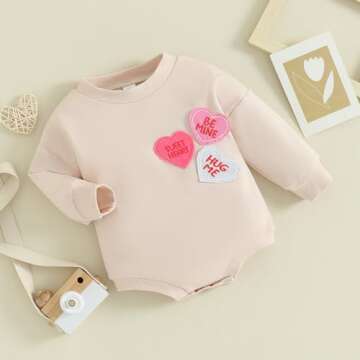 LAGKIYOJ Baby Girl Valentines Day Outfit Heart Embroidery Bubble Romper Long Sleeve Crewneck Sweatshirt Infant Spring Clothes (Apricot Heart, 12-18 Months)