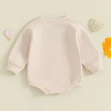 LAGKIYOJ Baby Girl Valentines Day Outfit Heart Embroidery Bubble Romper Long Sleeve Crewneck Sweatshirt Infant Spring Clothes (Apricot Heart, 12-18 Months)