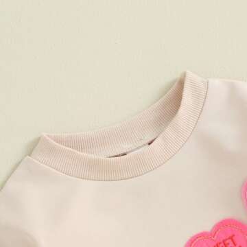 LAGKIYOJ Baby Girl Valentines Day Outfit Heart Embroidery Bubble Romper Long Sleeve Crewneck Sweatshirt Infant Spring Clothes (Apricot Heart, 12-18 Months)