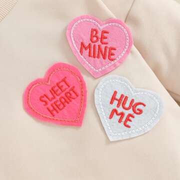 LAGKIYOJ Baby Girl Valentines Day Outfit Heart Embroidery Bubble Romper Long Sleeve Crewneck Sweatshirt Infant Spring Clothes (Apricot Heart, 12-18 Months)