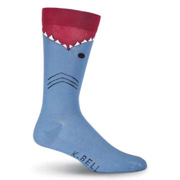K. Bell Socks Men's Funny Animal Novelty Crew Socks, White Shark (Slate Blue), Shoe Size: 6-12