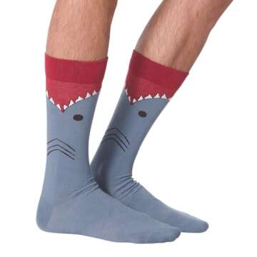 K. Bell Socks Men's Funny Animal Novelty Crew Socks, White Shark (Slate Blue), Shoe Size: 6-12