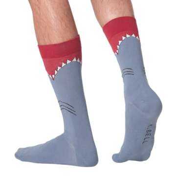 K. Bell Socks Men's Funny Animal Novelty Crew Socks, White Shark (Slate Blue), Shoe Size: 6-12