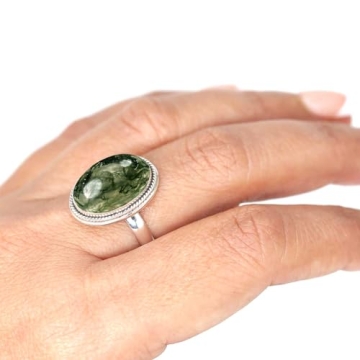 Handcrafted JEWELOPORIUM Green Moss Agate Silver Ring - Size 10, Unique Designer Jewelry for Women