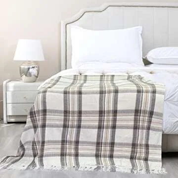 Luxurious Taupe Grey and White Chenille Tartan Blanket