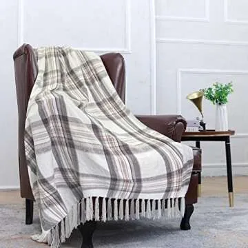 Luxurious Taupe Grey and White Chenille Tartan Blanket