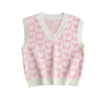 Floerns Women's Cute Heart Print V Neck Sleeveless Sweater Vest for Kids