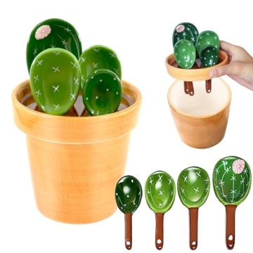 BigNoseDeer Ceramic Cactus Measuring Cups and Spoons Set Organizer, Cute 4 Size Measuring Spoons Set...
