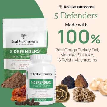 Real Mushrooms 5 Defenders Powder - Organic Mushroom Extract w/Chaga, Shiitake, Maitake, Turkey Tail, Reishi Supplement Vegan, Non-GMO, 45 Servings