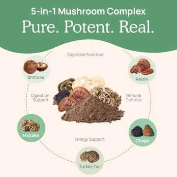 Real Mushrooms 5 Defenders Powder - Organic Mushroom Extract w/Chaga, Shiitake, Maitake, Turkey Tail, Reishi Supplement Vegan, Non-GMO, 45 Servings