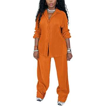 kaimimei Women 2 Piece Casual Outfits Pants Set Loose Fit Print Button Down Shirt High Waist Long Pa...