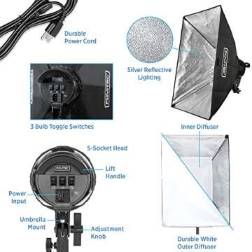 Fovitec 1-Light 1000W Fluorescent Studio Lighting Kit, 20"x28" Softbox, Light Stand and Lamps for Portraits, Product Photography, and Live Streaming