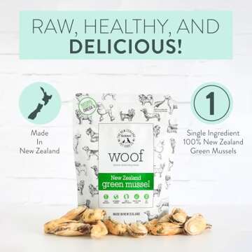 The New Zealand Natural Pet Food Co. WOOF Freeze Dried Dog Treats - New Zealand Green Mussels, High Protein, Dog Treats, Small Dogs and Dog Treats for Large Dog, Natural, Topper or Dog Treat, 1.76 oz