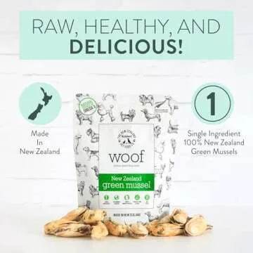 The New Zealand Natural Pet Food Co. WOOF Freeze Dried Dog Treats - New Zealand Green Mussels, High Protein, Dog Treats, Small Dogs and Dog Treats for Large Dog, Natural, Topper or Dog Treat, 1.76 oz