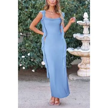 PRETTYGARDEN Women's Summer Long Formal Wedding Guest Dress Sleeveless Ruffle Cocktail Party Maxi Bodycon Dresses (Light Blue,Medium)