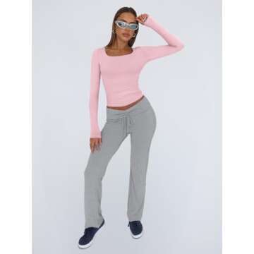 Trendy Queen Womens Long Sleeve Shirts Crop Tops Square Neck Going Out Basics Tees Y2K Winter Clothes 2025 Pink XS