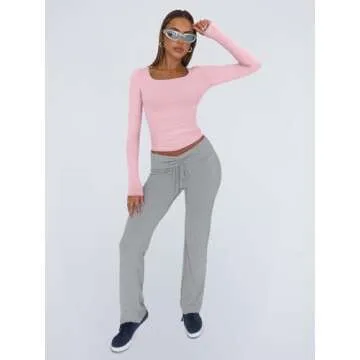 Trendy Queen Womens Long Sleeve Shirts Crop Tops Square Neck Going Out Basics Tees Y2K Winter Clothes 2025 Pink XS