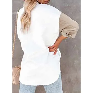 Dokotoo Womens 2024 Fashion Oversized Color Bock Long Sleeve Button Up Pockets Shirts Ladies Loose F...