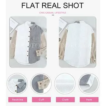 Dokotoo Womens 2024 Fashion Oversized Color Bock Long Sleeve Button Up Pockets Shirts Ladies Loose Fit Corduroy Shacket Tunic Blouse Tops White M