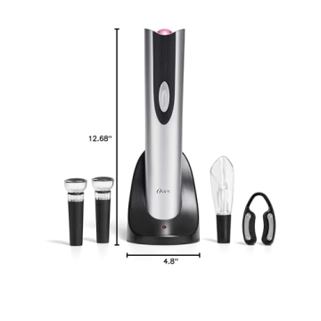 Oster Electric Wine Opener, Foil Cutter, Wine Pourer and Vacuum Wine Stoppers with CorkScrew and Charging Base, Black