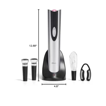 Oster Electric Wine Opener, Foil Cutter, Wine Pourer and Vacuum Wine Stoppers with CorkScrew and Charging Base, Black