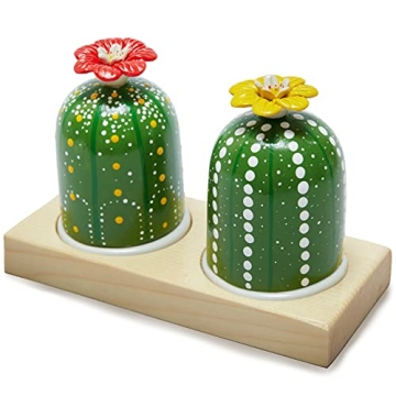 JOMO JOY Salt and Pepper Cactus Shaker Set with Wood Tray | Ceramic Salt & Pepper Shakers | Cactus S...