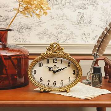 NIKKY HOME Vintage Table Top Clock, Silent Small Shelf Desk Clock Battery Operated Rustic Design, Home Decor for Living Room, Bedroom, Bedside, Gift Clock - Gold