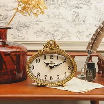 NIKKY HOME Vintage Table Top Clock, Silent Small Shelf Desk Clock Battery Operated Rustic Design, Home Decor for Living Room, Bedroom, Bedside, Gift Clock - Gold