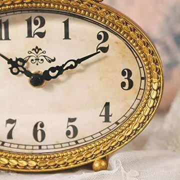 NIKKY HOME Vintage Table Top Clock, Silent Small Shelf Desk Clock Battery Operated Rustic Design, Home Decor for Living Room, Bedroom, Bedside, Gift Clock - Gold
