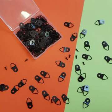 100 Small Triangle Ring Steel Picture Hangers, Rings, Hangers with 100 Screws (Black)