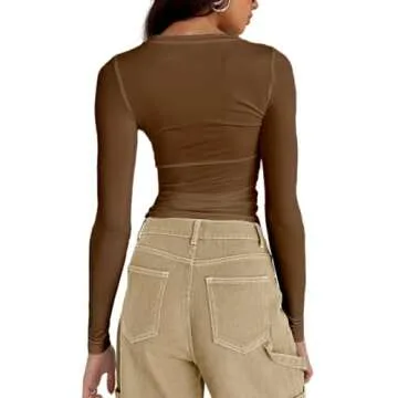 Abardsion Women's Casual Basic Slim Fit Long Sleeve Crop Top - Brown, M