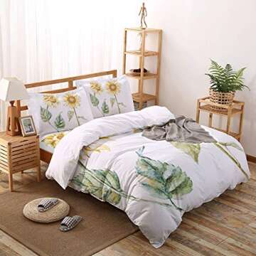 Funy Decor Watercolor Bedding Set,Alluring Sunflowers Summer Inspired Design Agriculture,4 Piece Duvet Cover Set Bedspread for Childrens/Kids/Teens/Adults,Earth Yellow Pale Yellow Fern Green Full Size