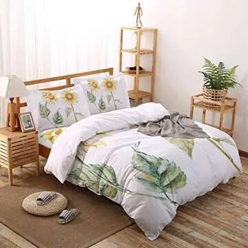 Funy Decor Watercolor Bedding Set,Alluring Sunflowers Summer Inspired Design Agriculture,4 Piece Duvet Cover Set Bedspread for Childrens/Kids/Teens/Adults,Earth Yellow Pale Yellow Fern Green Full Size